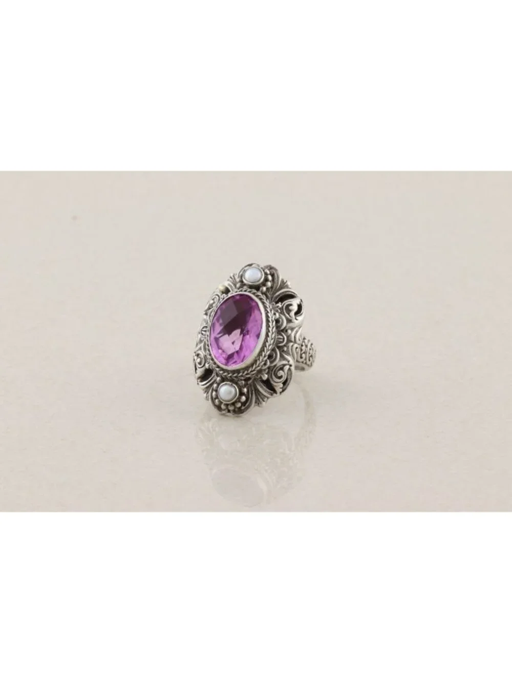 Sterling Silver Natural Amethyst and Pearl Ring Sarda Size 8 1/4